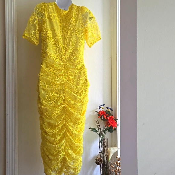 Zara | Yellow Lace Ruched Midi Dress - Picture 6 of 11